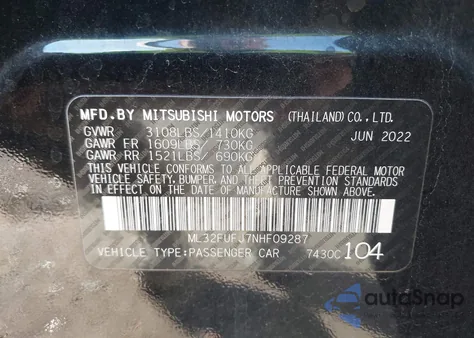 2022 Mitsubishi Mirage G4 Black Edition/Es/Le from USA, damaged, VIN ML32FUFJ7NHF09287